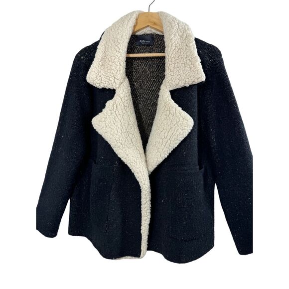 ZARA Knit Black Long Sleeve Faux Sherpa Collared Sweater Size L Open Pockets - Picture 1 of 13